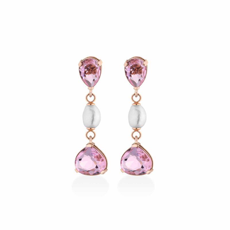 Orecchini Lelune Glamour in argento rosa con perle d'acqua dolce e cristalli rosa