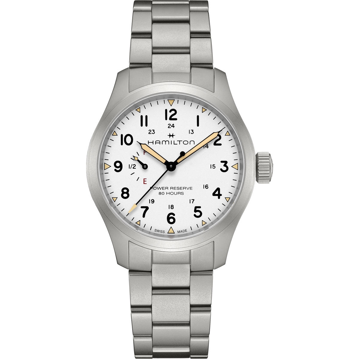 Hamilton Khaki Field Mechanical Power Reserve 40mm H69509110 quadrante bianco bracciale acciaio