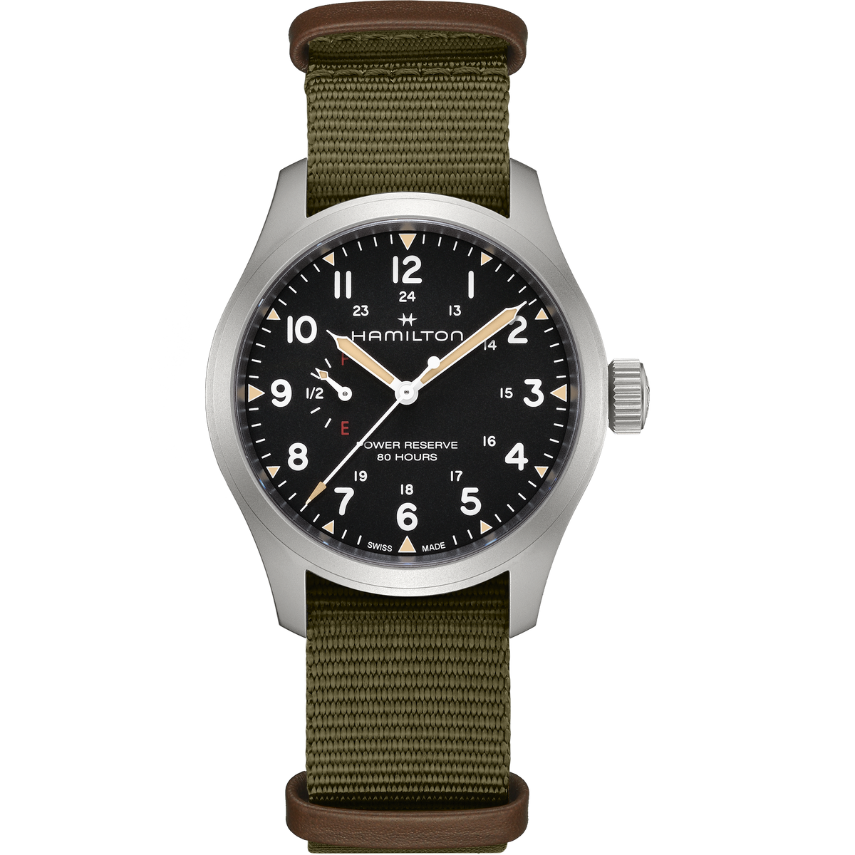 Hamilton Khaki Field Mechanical Power Reserve 40mm H69509930 quadrante nero cinturino NATO