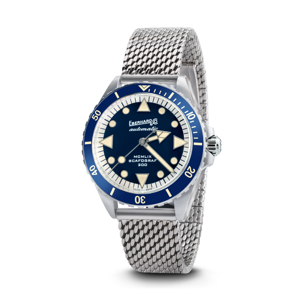 Eberhard Scafograf 200 MCMLIX 41047.04 CAM2C quadrante blu bracciale milanese