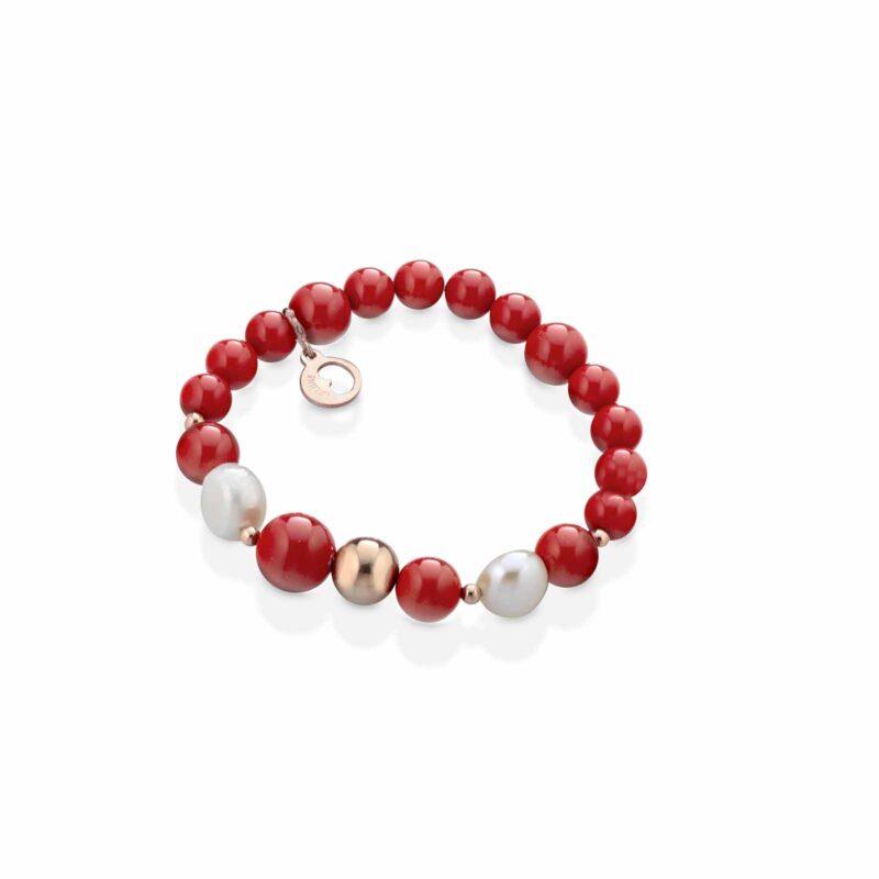 Bracciale Lelune Glamour elastico in pasta di corallo con argento rosa e perle d'acqua dolce