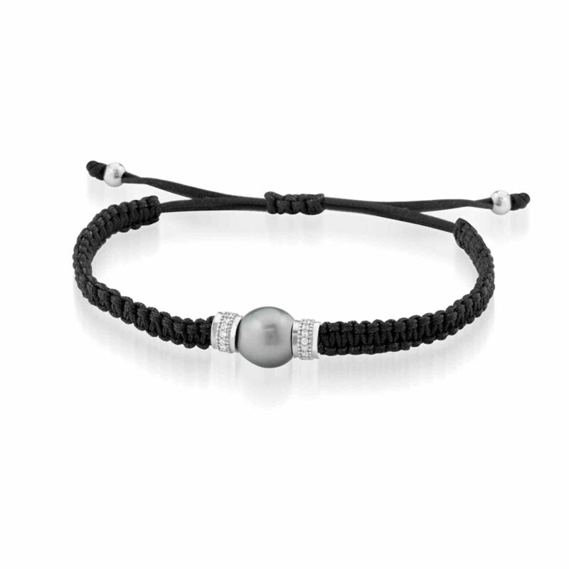 Bracciale Lelune Glamur in cordino nero regolabile con perla Tahiti, argento bianco e zirconi
