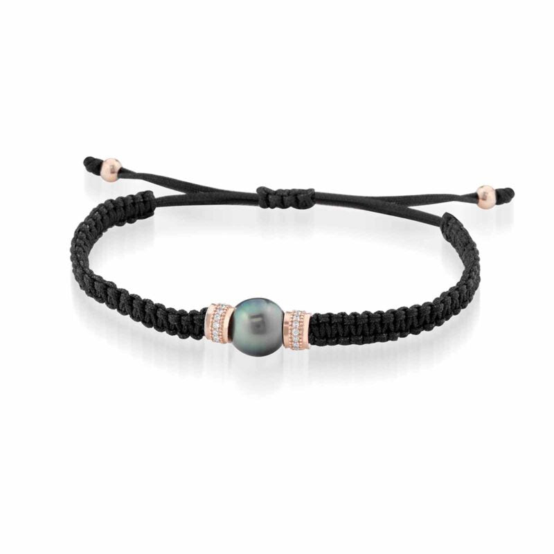 Bracciale Lelune Glamour in cordino nero regolabile con perla Tahiti, argento rosato e zirconi
