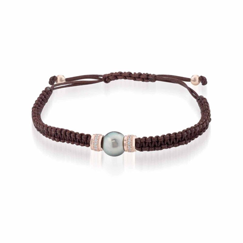 Bracciale Lelune Glamur in cordino marrone regolabile con perla Tahiti, argento rosa e zirconi