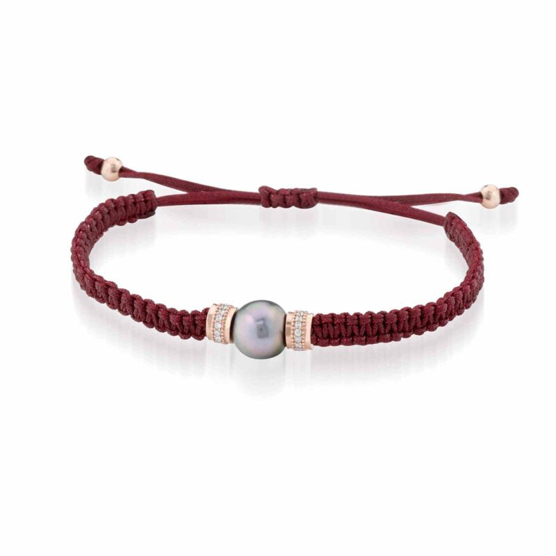 Bracciale Lelune Glamour in cordino bordeaux regolabile con perla Tahiti, argento rosa e zirconi