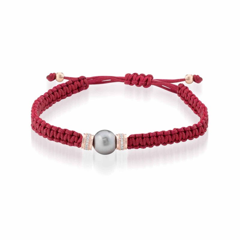 Bracciale Lelune Glamour in cordino rosso regolabile con perla Tahiti, argento rosa e zirconi