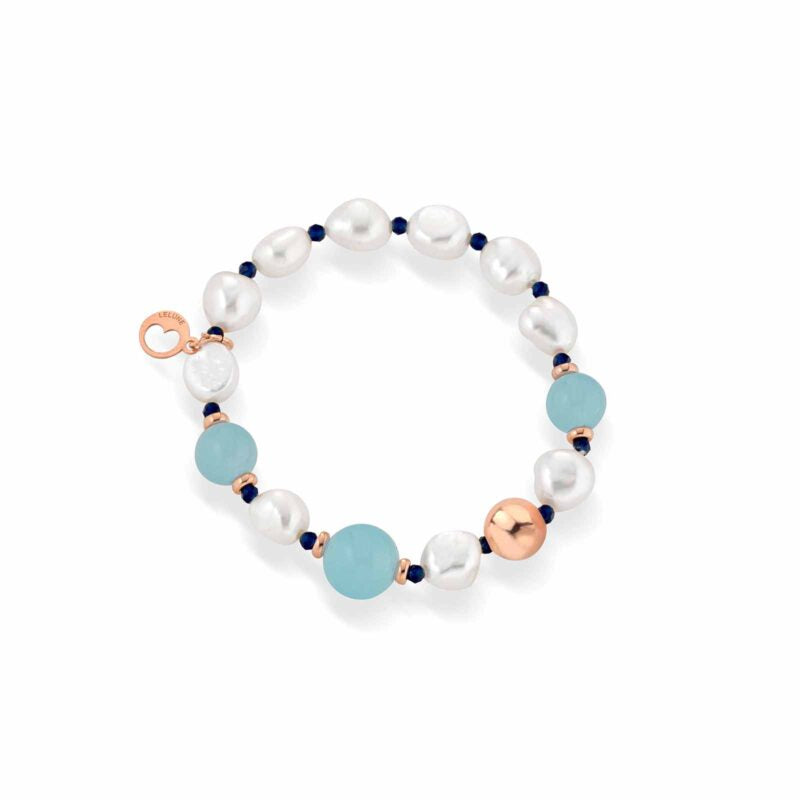 Bracciale Lelune Glamour con perle d’acqua dolce, argento rosa, spinello blu e giada azzurra
