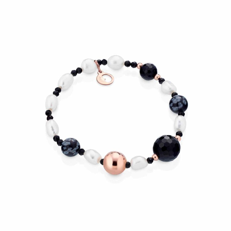 Bracciale Lelune Glamour con perle d'acqua dolce, AG925 rosa, spinello nero, agata nera e ossidiana