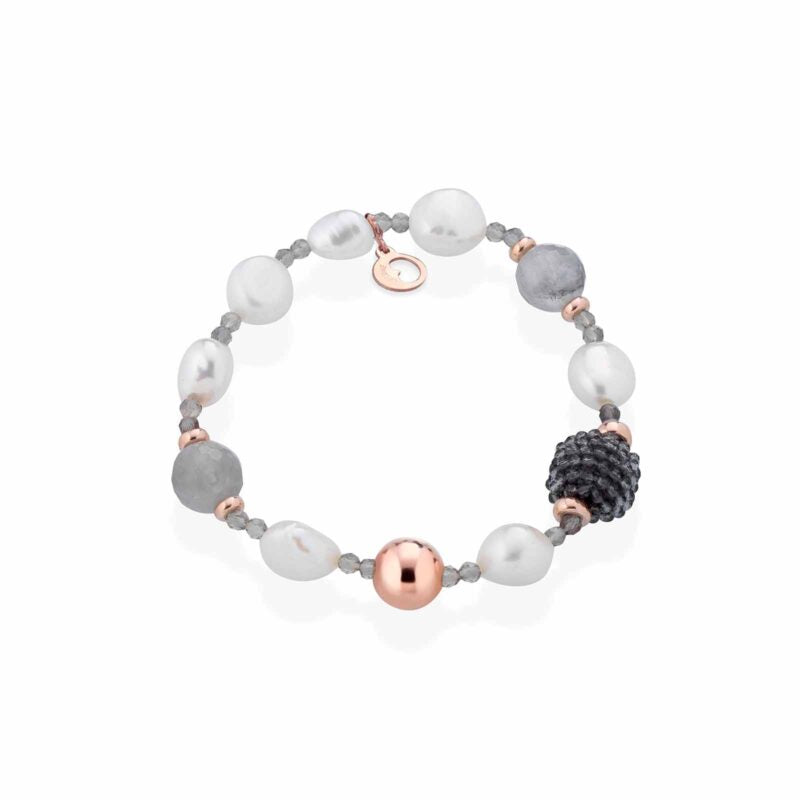 Bracciale Lelune Glamour con perle d'acqua dolce, AG925 rosa, spinello grigio e quarzo cloudy