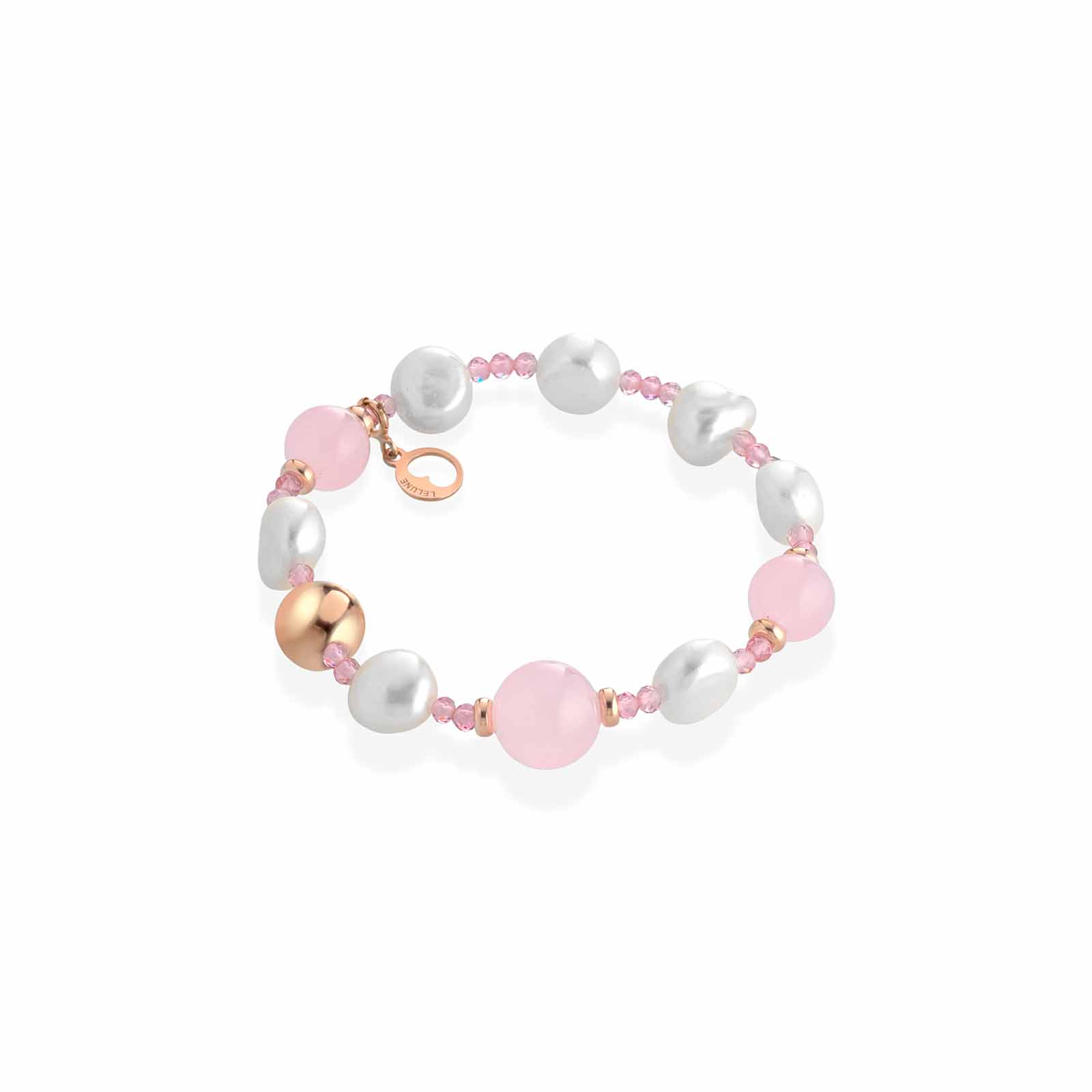 Bracciale Lelune Glamour elastico con spinello rosa, perle d'acqua dolce, giada rosa e argento rosa