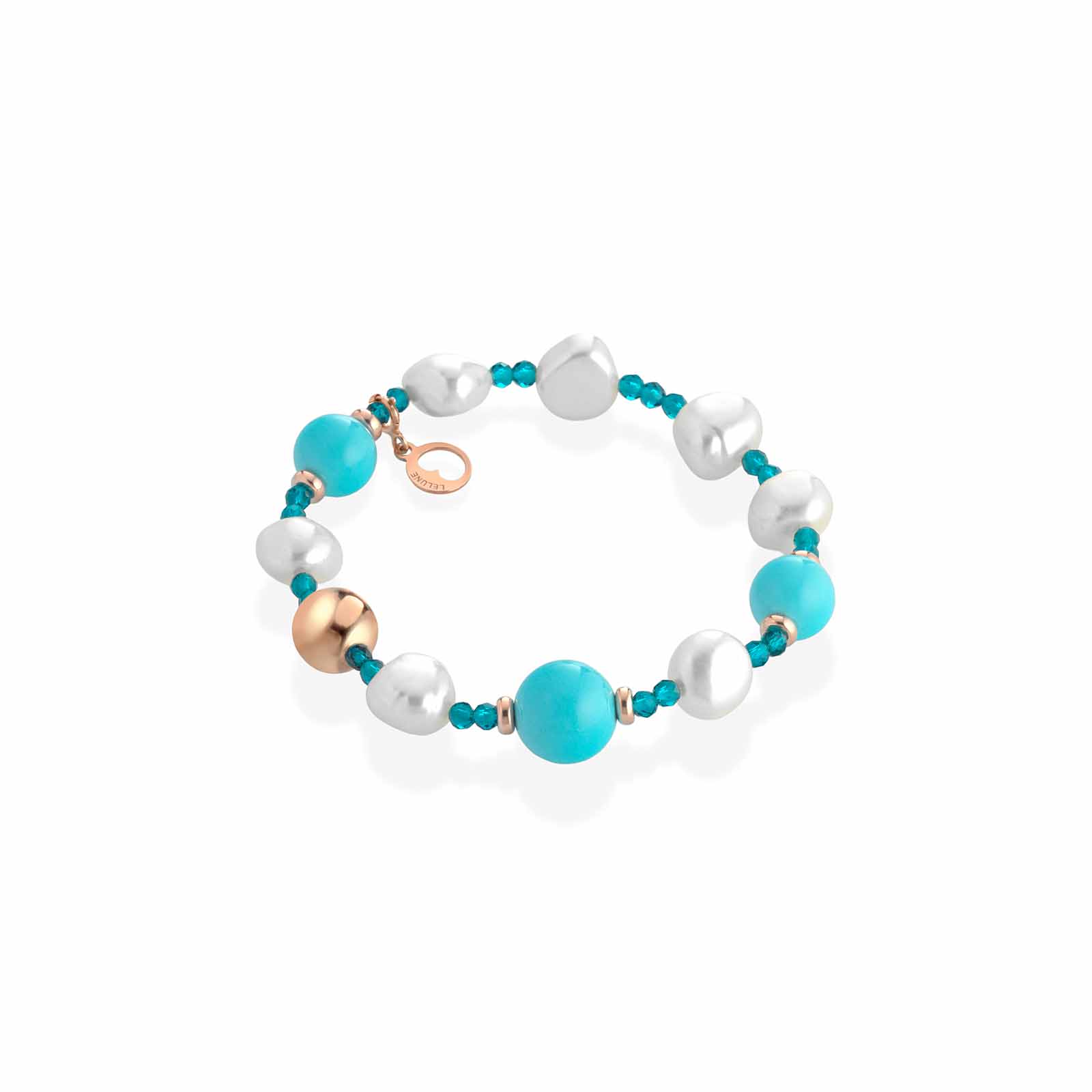 Bracciale Lelune Glamour elastico con spinello turchese, perle d'acqua dolce, pasta di turchese e argento rosa