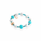 Bracciale Lelune Glamour elastico con spinello turchese, perle d'acqua dolce, pasta di turchese e argento rosa