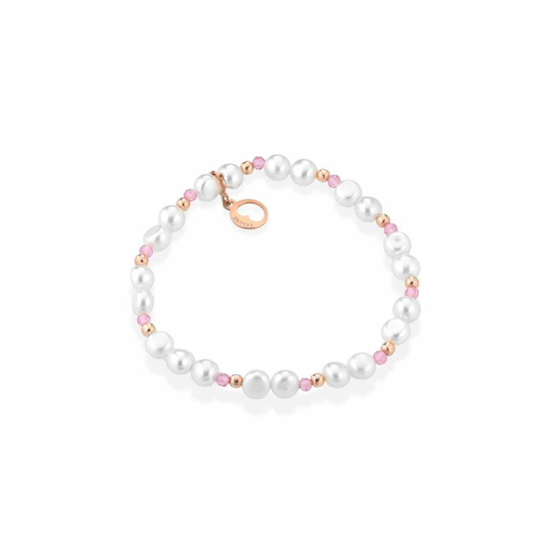 Bracciale Lelune Glamour elastico con perle d'acqua dolce, argento rosa e spinello rosa