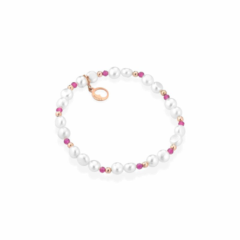 Bracciale Lelune Glamour elastico con perle d'acqua dolce, argento rosa e spinello fuxia