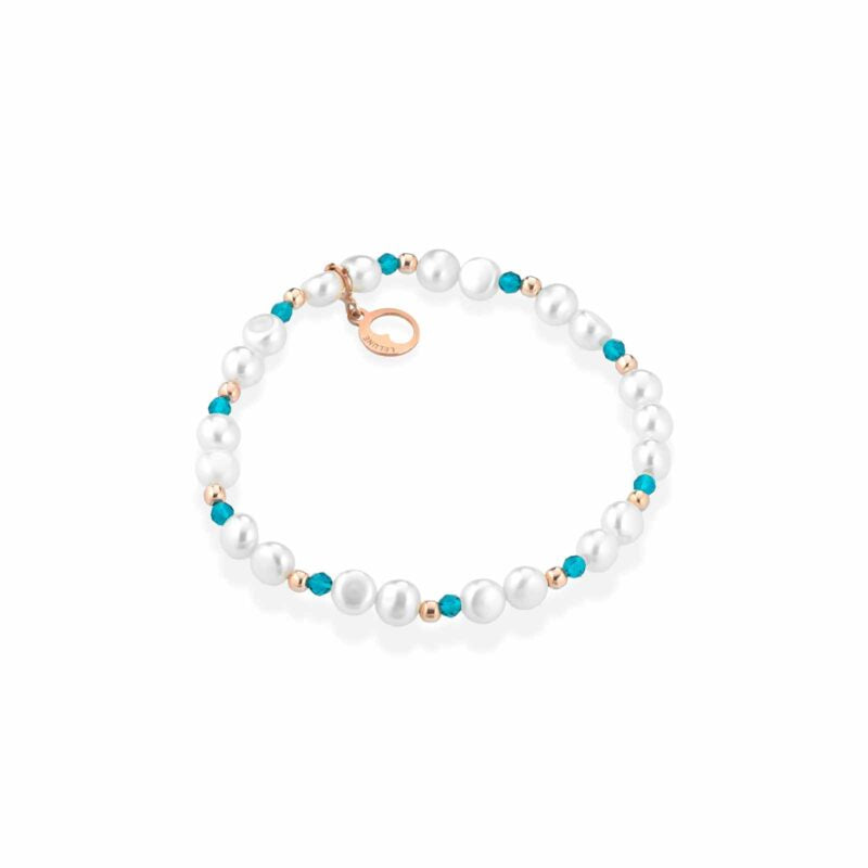 Bracciale Lelune glamour elastico con perle d'acqua dolce, argento rosa e spinello turchese