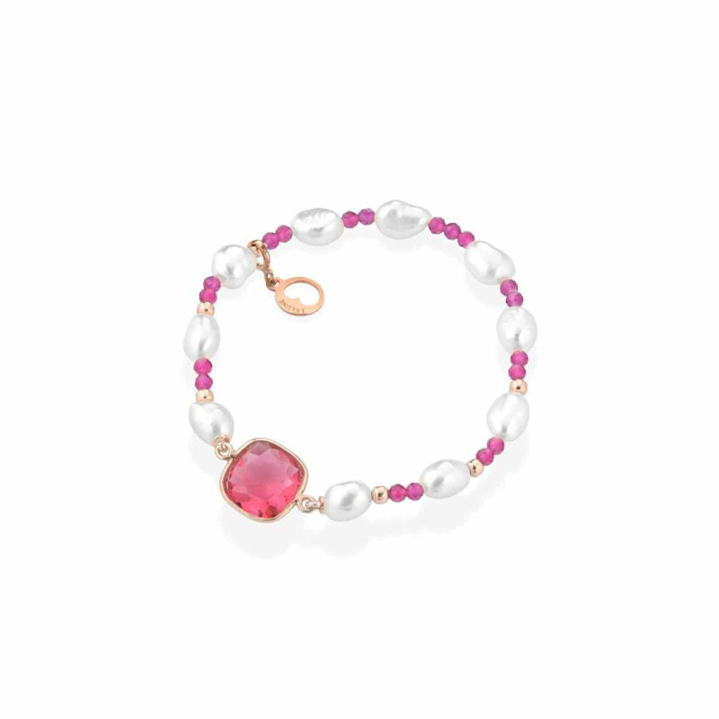 Bracciale Lelune Glamour elastico con perle d'acqua dolce, argento rosa, spinello fuxia e cristallo fuxia