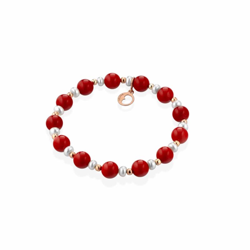 Bracciale Lelune Glamour elastico in pasta di corallo, argento rosa e perle d'acqua dolce