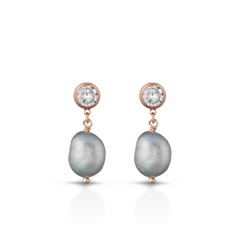 Orecchini Lelune Glamour in argento rosa, perle d'acqua dolce grigie e zirconi
