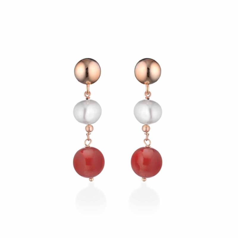 Orecchini Lelune Glamour in argento rosa con pasta di corallo e perle d'acqua dolce