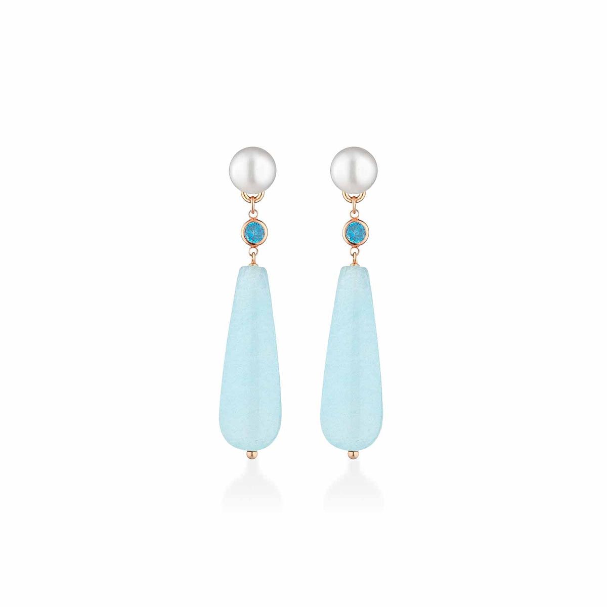 Orecchini Lelune Glamour con perle d’acqua dolce, argento rosa, zircone blu e giada azzurra