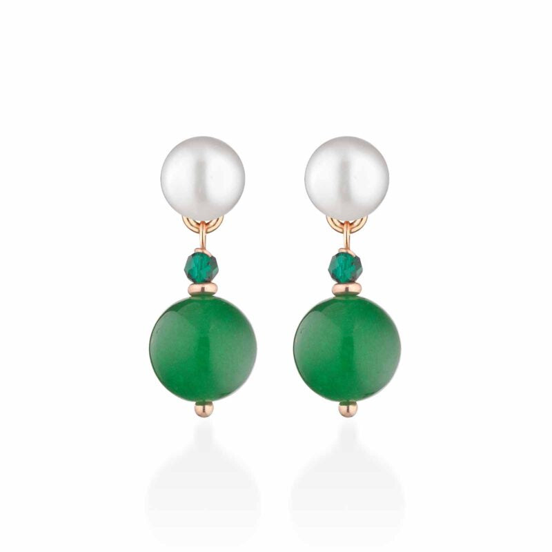 Orecchini Lelune Glamour con perle d’acqua dolce, argento rosa, spinello verde e giada verde