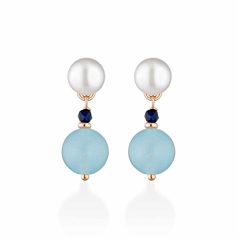 Orecchini Lelune Glamour con perle d’acqua dolce, argento rosa, spinello blu e giada azzurra