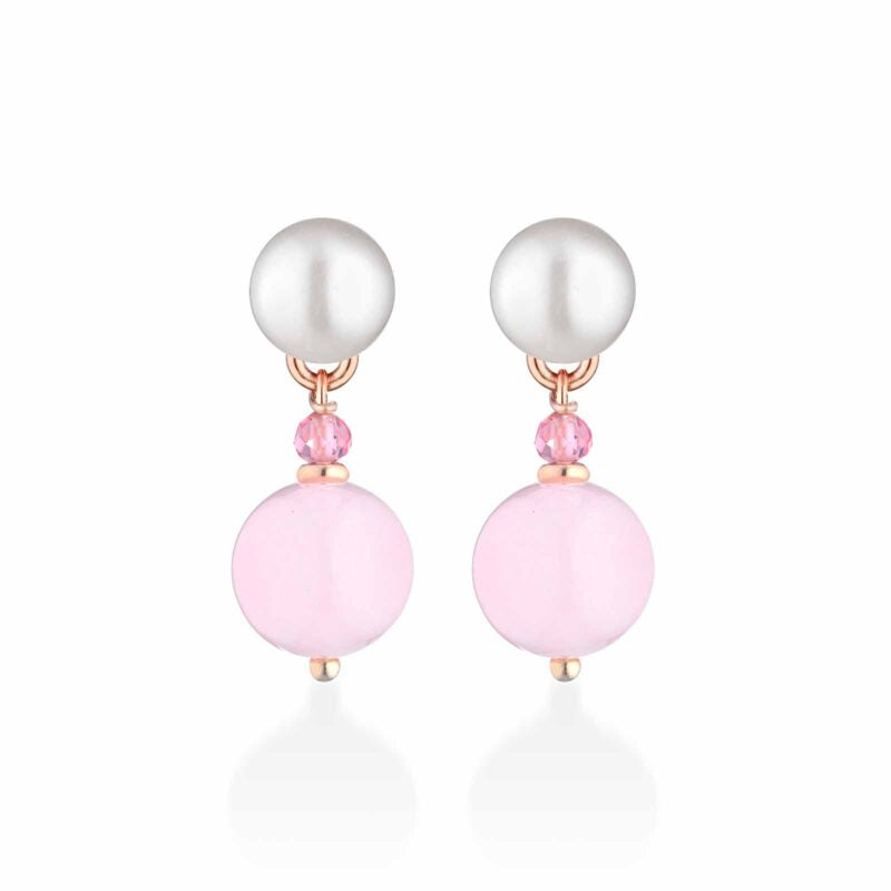 Orecchini Lelune Glamour con giada rosa, perle d'acqua dolce, spinello rosa e argento rosa