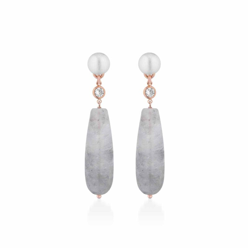 Orecchini Lelune Glamour con perle d'acqua dolce, AG925 rosa, zirconi bianchi e quarzo cloudy