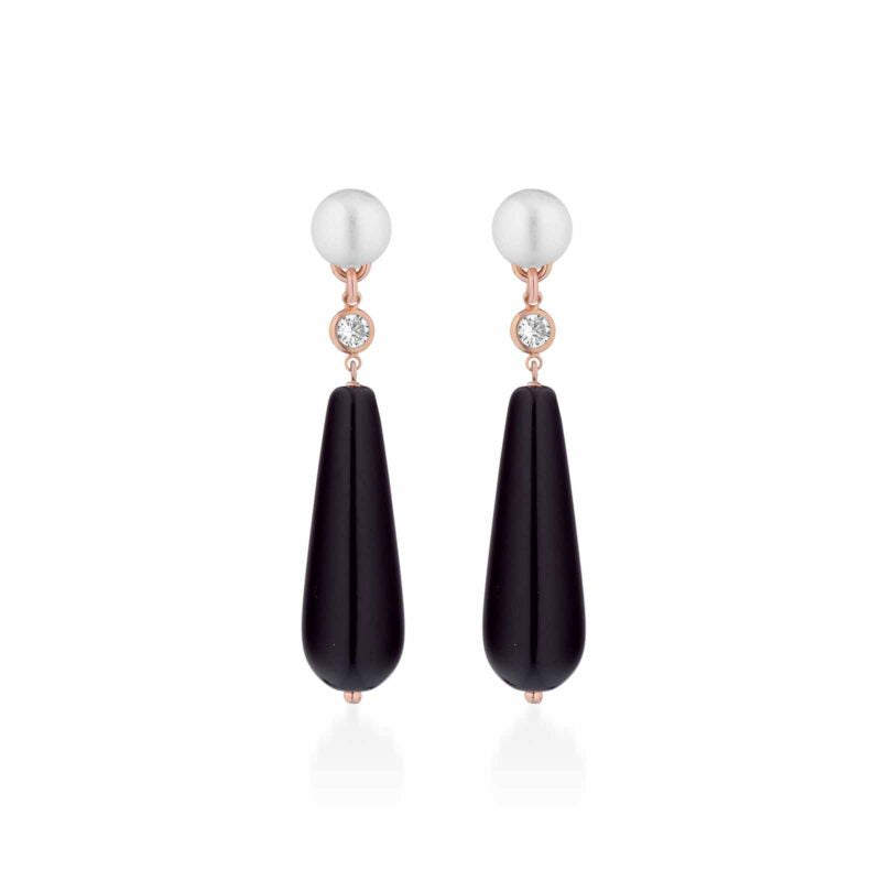 Orecchini Lelune Glamour con perle d'acqua dolce, AG925 rosa, zirconi neri e agata nera