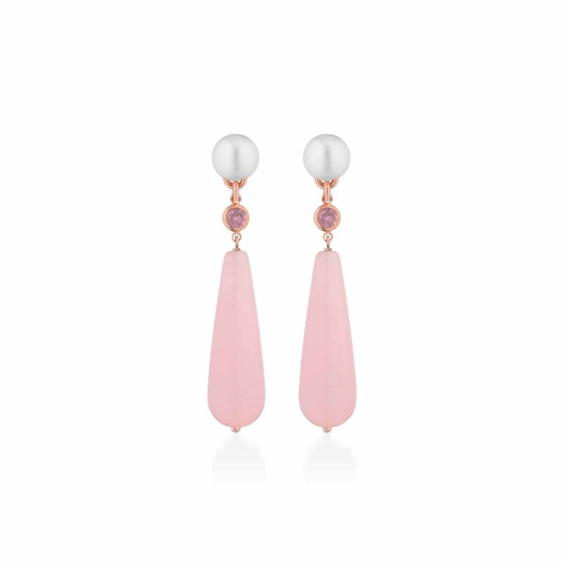 Orecchini Lelune Glamour con giada rosa, perle d'acqua dolce, zircone rosa e argento rosa