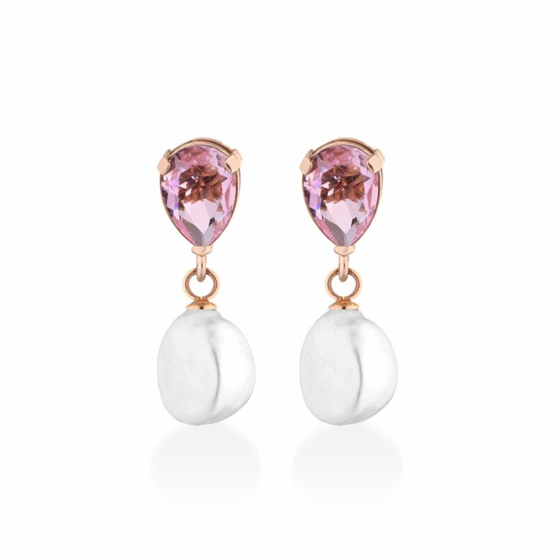 Orecchini Lelune Glamour in argento rosa con perle d'acqua dolce e cristallo rosa