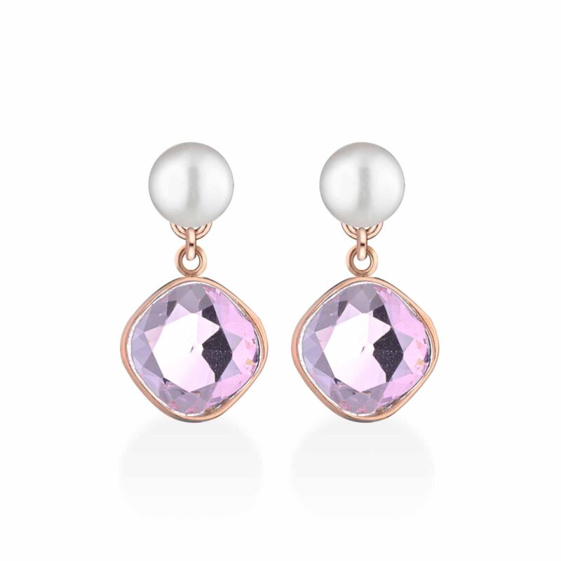 Orecchini Lelune Glamour in argento rosa con perle d'acqua dolce e cristallo rosa