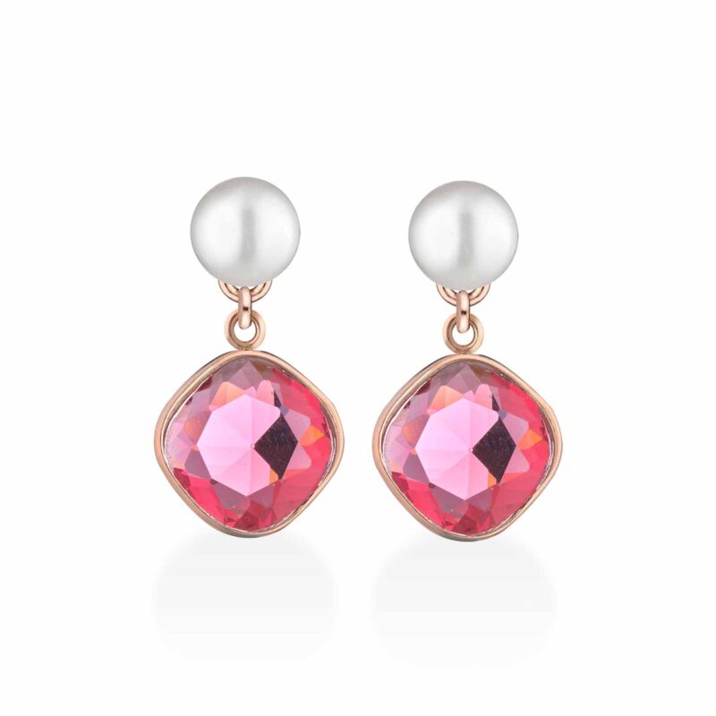 Orecchini Lelune Glamour in argento rosa con perle d'acqua dolce e cristallo fuxia