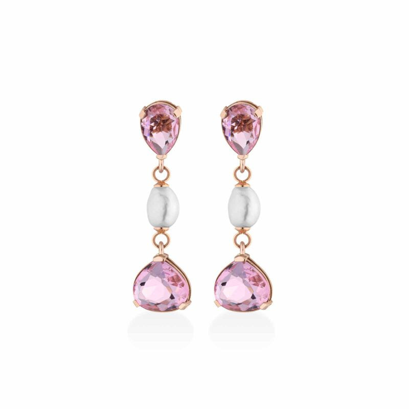 Orecchini Lelune Glamour in argento rosa con perle d'acqua dolce e cristalli rosa