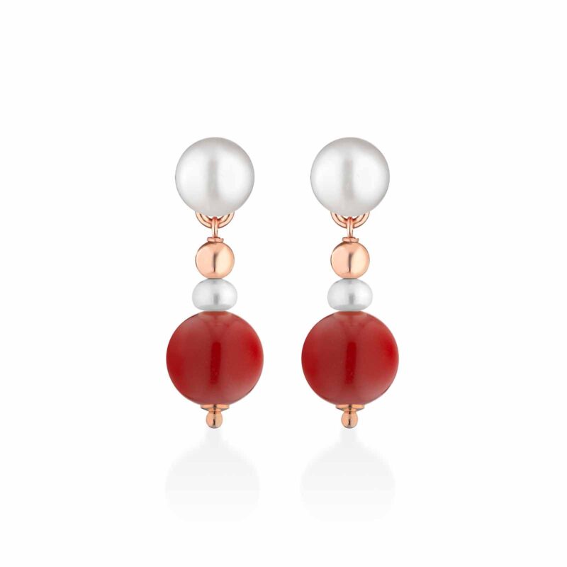 Orecchini Lelune Glamour in argento rosa con pasta di corallo e perle d'acqua dolce