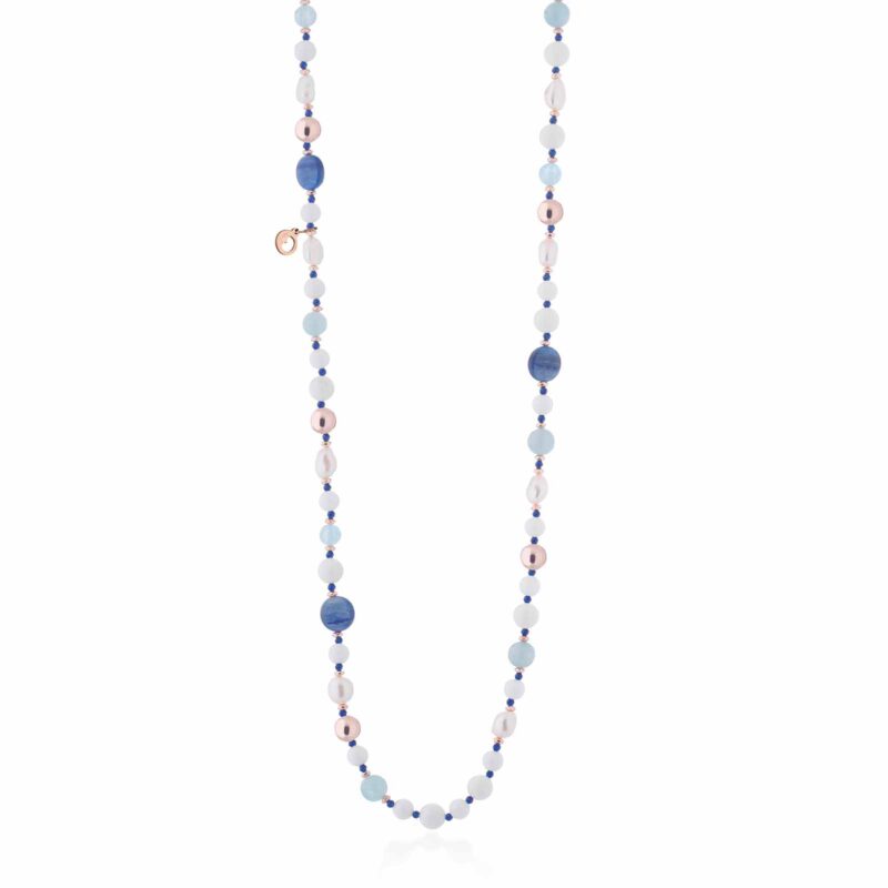 Collana Lelune Glamour con perle d'acqua dolce, agata bianca, cianite, acqua marina ed argento rosa