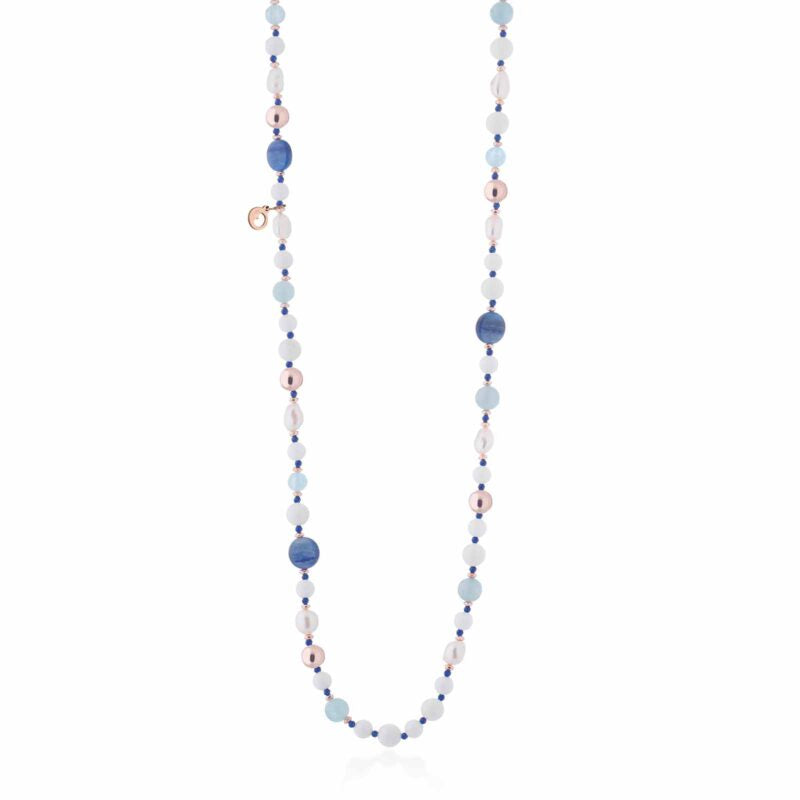 Collana Lelune Glamour con perle d'acqua dolce, agata bianca, cianite, acqua marina ed argento rosa