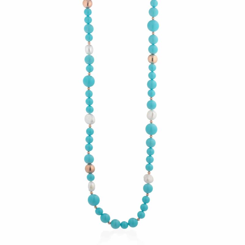 Collana Lelune Glamour in pasta di turchese con argento rosa e perle d'acqua dolce