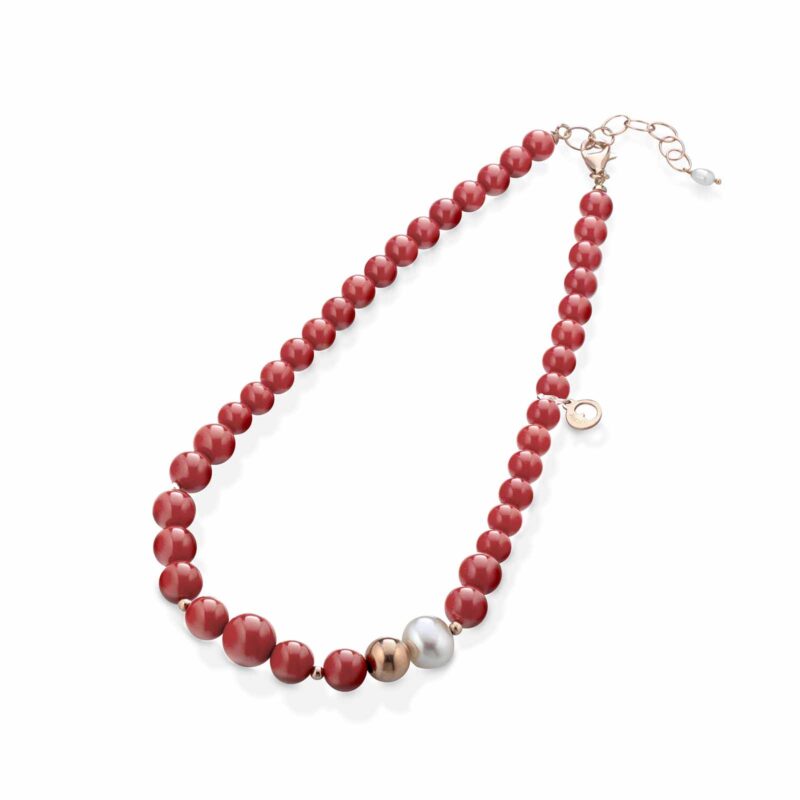 Collana Lelune Glamour in pasta di corallo con argento rosa e perle d'acqua dolce