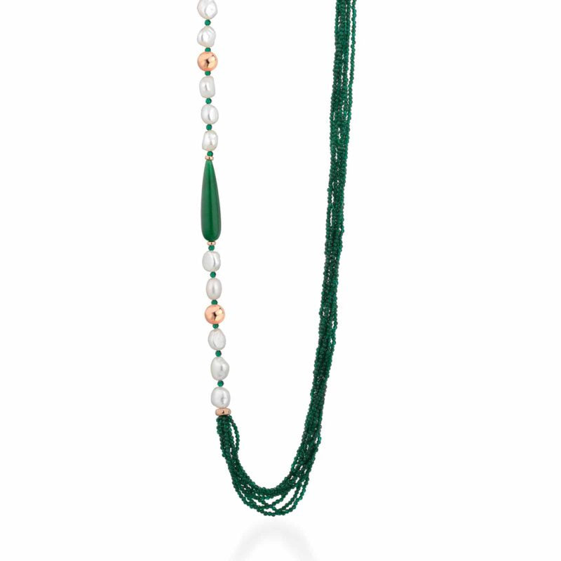 Collana Lelune Glamour con perle d’acqua dolce, argento rosa, spinello verde e giada verde