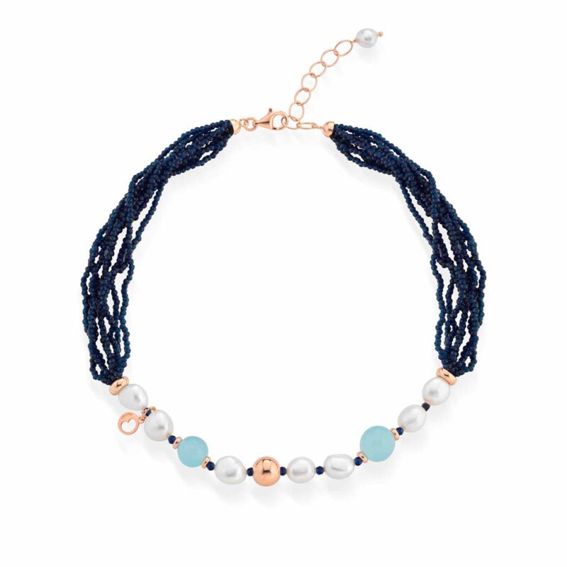 Collana Lelune Glamour con perle d’acqua dolce, argento rosa, spinello blu e giada azzurra
