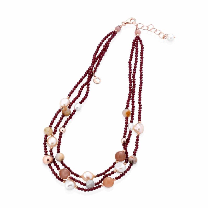 Collana Lelune Glamour con perle d'acqua dolce, AG925 rosa, spinello ciliegia, moonstone e agata Botswana