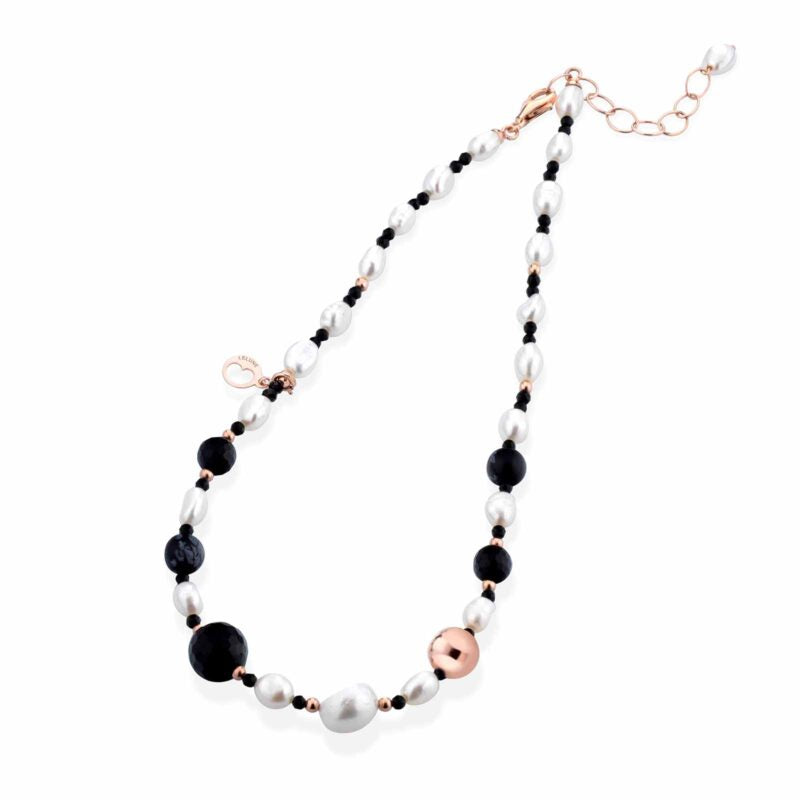 Collana Lelune Glamour con perle d'acqua dolce, AG925 rosa, spinello nero, agata nera e ossidiana