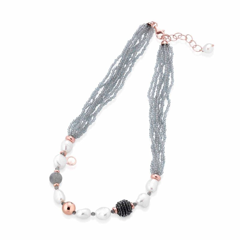 Collana Lelune Glamour con perle d'acqua dolce, AG925 rosa, spinello grigio e quarzo cloudy