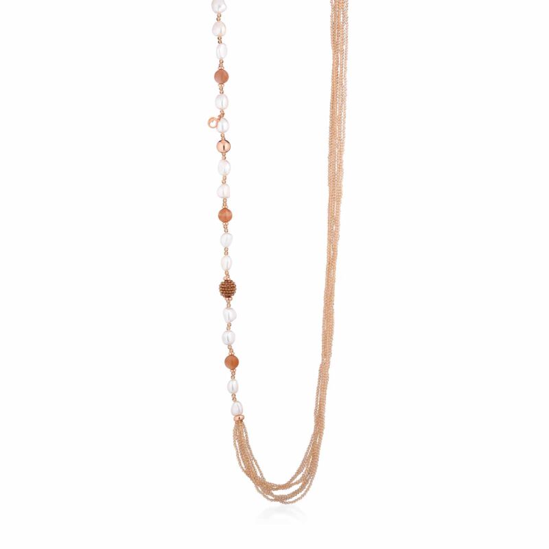 Collana Lelune Glamour con perle d'acqua dolce, AG925 rosa, spinello miele e moonstone