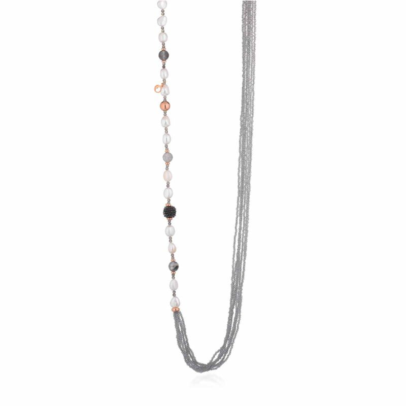 Collana Lelune Glamour con perle d'acqua dolce, AG925 rosa, spinello grigio e quarzo cloudy