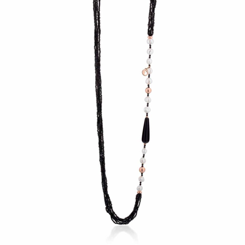 Collana Lelune Glamour con perle d'acqua dolce, AG925 rosa, spinello nero e agata nera