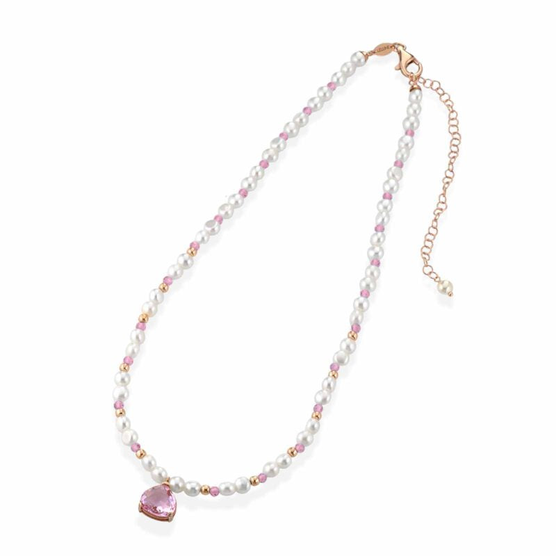 Collana Lelune Glamour con perle d'acqua dolce, argento rosa, spinello rosa e cristallo rosa