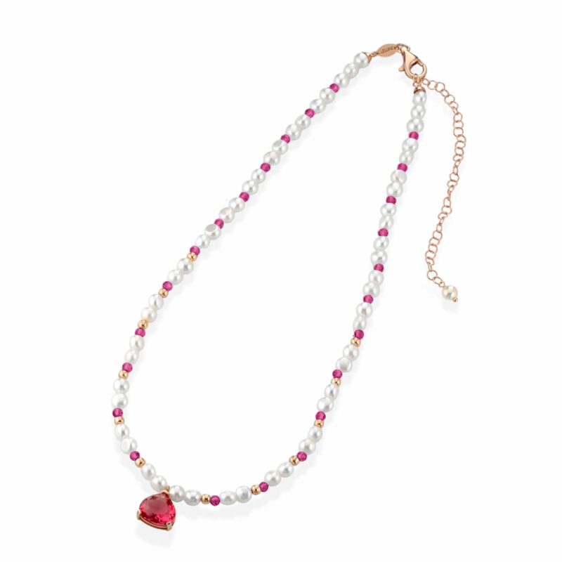 Collana Lelune Glamour con perle d'acqua dolce, argento rosa, spinello fuxia e cristallo fuxia