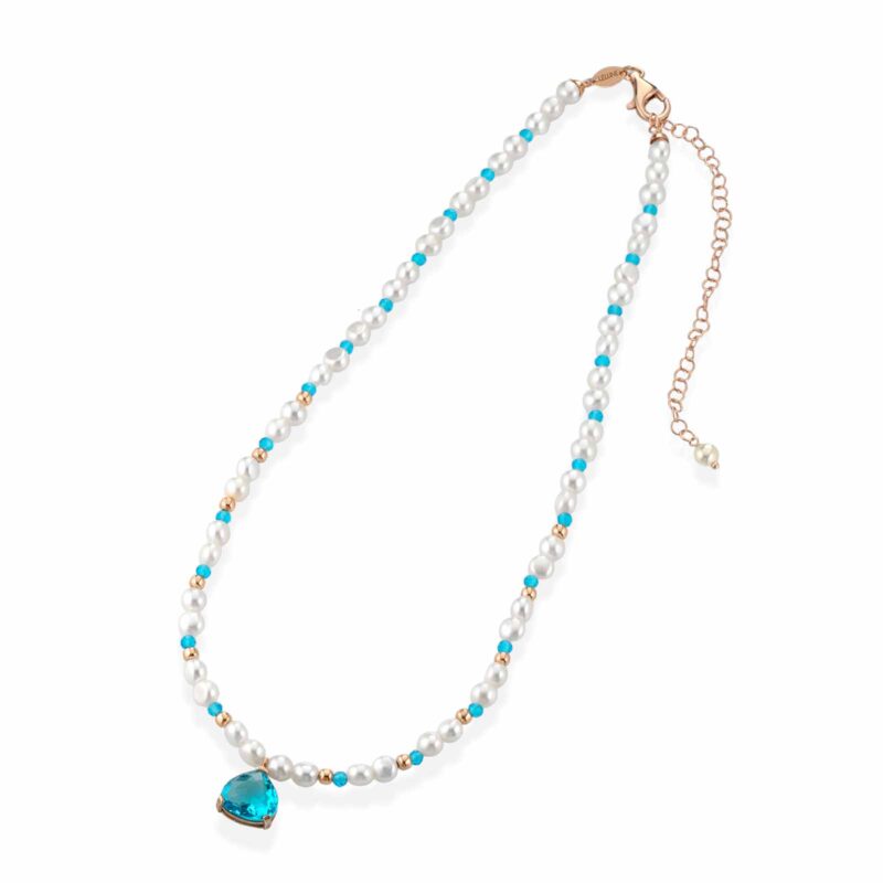 Collana Lelune Glamour con perle d'acqua dolce, argento rosa, spinello turchese e cristallo turchese